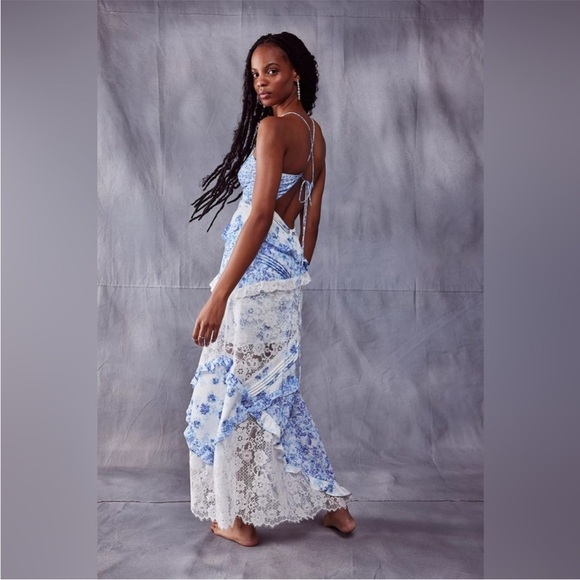 For Love & Lemons Rosalyn Maxi Dress Lace Patchwork Blue XS EUC - Picture 7 of 13